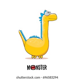 vector funny cartoon cute orange kids monster dinosaur label isolated on white background. Vector funny mascot dragon .