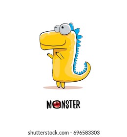 vector funny cartoon cute orange kids monster dinosaur label isolated on white background. Vector funny mascot dragon .