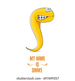 vector funny cartoon cute orange kids monster snake label isolated on white background. Vector funny orange mascot reptile . Viper logo design template