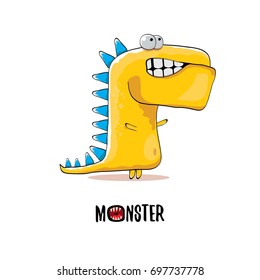 vector funny cartoon cute orange kids monster dinosaur t rex label isolated on white background. Vector funny mascot  tyrannosaurus rex