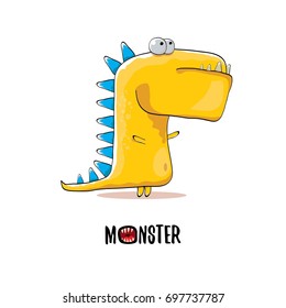 vector funny cartoon cute orange kids monster dinosaur t rex label isolated on white background. Vector funny mascot  tyrannosaurus rex