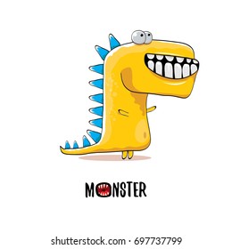 vector funny cartoon cute orange kids monster dinosaur t rex label isolated on white background. Vector funny mascot  tyrannosaurus rex