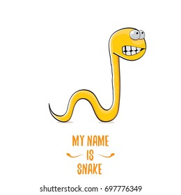 vector funny cartoon cute orange kids monster snake label isolated on white background. Vector funny orange mascot reptile . Viper logo design template