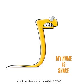 vector funny cartoon cute orange kids monster snake label isolated on white background. Vector funny orange mascot reptile . Viper logo design template