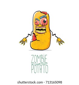 vector funny cartoon cute orange zombie potato character isolated on white background. My name is zombie potato vector concept halloween background. monster vegetable funky character