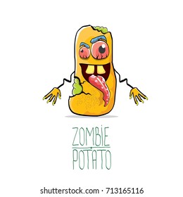 vector funny cartoon cute orange zombie potato character isolated on white background. My name is zombie potato vector concept halloween background. monster vegetable funky character