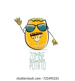 vector funny cartoon cute orange zombie potato character isolated on white background. My name is zombie potato vector concept halloween background. monster vegetable funky character