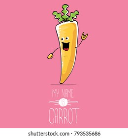 vector funny cartoon cute orange carrot isolated on pink background. My name is carrot. vegetable funky character