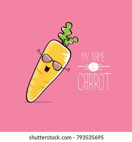 vector funny cartoon cute orange carrot isolated on pink background. My name is carrot. vegetable funky character