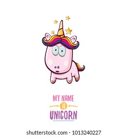 vector funny cartoon cute pink fairy unicorn isolated on white background. My name is unicorn vector concept illustration. funky hand drawn kids animal character