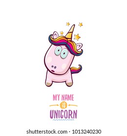 vector funny cartoon cute pink fairy unicorn isolated on white background. My name is unicorn vector concept illustration. funky hand drawn kids animal character