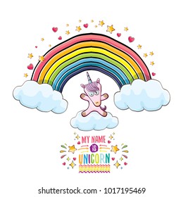 vector funny cartoon cute pink fairy unicorn sitting on cloud in sky with rainbow and clouds. My name is unicorn vector concept illustration. funky hand drawn kids background