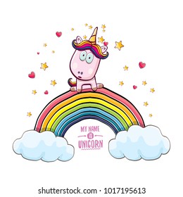 vector funny cartoon cute pink fairy unicorn sitting on raonbow in sky with clouds. My name is unicorn vector concept illustration. funky hand drawn kids background