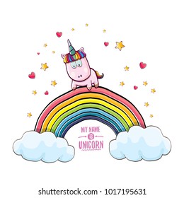 vector funny cartoon cute pink fairy unicorn sitting on raonbow in sky with clouds. My name is unicorn vector concept illustration. funky hand drawn kids background