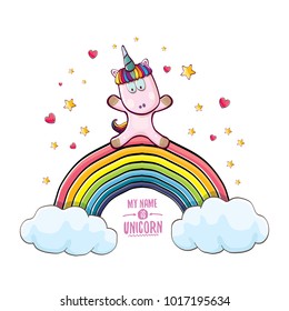 vector funny cartoon cute pink fairy unicorn sitting on raonbow in sky with clouds. My name is unicorn vector concept illustration. funky hand drawn kids background