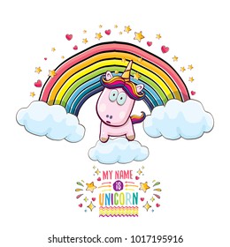 vector funny cartoon cute pink fairy unicorn sitting on cloud in sky with rainbow and clouds. My name is unicorn vector concept illustration. funky hand drawn kids background