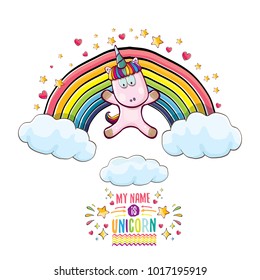 vector funny cartoon cute pink fairy unicorn sitting on cloud in sky with rainbow and clouds. My name is unicorn vector concept illustration. funky hand drawn kids background