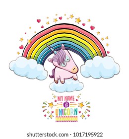vector funny cartoon cute pink fairy unicorn sitting on cloud in sky with rainbow and clouds. My name is unicorn vector concept illustration. funky hand drawn kids background