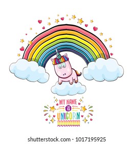 vector funny cartoon cute pink fairy unicorn sitting on cloud in sky with rainbow and clouds. My name is unicorn vector concept illustration. funky hand drawn kids background