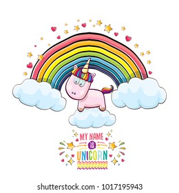vector funny cartoon cute pink fairy unicorn sitting on cloud in sky with rainbow and clouds. My name is unicorn vector concept illustration. funky hand drawn kids background