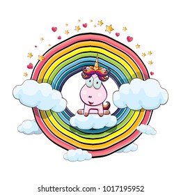 vector funny cartoon cute pink fairy unicorn sitting on cloud in sky with rainbow and clouds. My name is unicorn vector concept illustration. funky hand drawn kids background