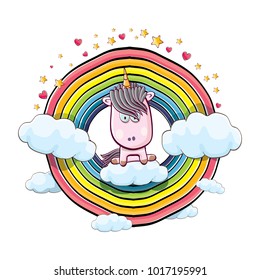 vector funny cartoon cute pink fairy unicorn sitting on cloud in sky with rainbow and clouds. My name is unicorn vector concept illustration. funky hand drawn kids background