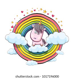 vector funny cartoon cute pink fairy unicorn sitting on cloud in sky with rainbow and clouds. My name is unicorn vector concept illustration. funky hand drawn kids background