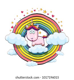 vector funny cartoon cute pink fairy unicorn sitting on cloud in sky with rainbow and clouds. My name is unicorn vector concept illustration. funky hand drawn kids background