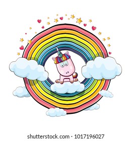 vector funny cartoon cute pink fairy unicorn sitting on cloud in sky with rainbow and clouds. My name is unicorn vector concept illustration. funky hand drawn kids background
