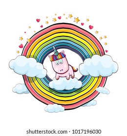 vector funny cartoon cute pink fairy unicorn sitting on cloud in sky with rainbow and clouds. My name is unicorn vector concept illustration. funky hand drawn kids background