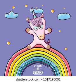 vector funny cartoon cute pink fairy unicorn sitting on rainbow in sky with clouds. My name is unicorn vector concept illustration. funky hand drawn kids background