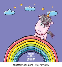 vector funny cartoon cute pink fairy unicorn sitting on rainbow in sky with clouds. My name is unicorn vector concept illustration. funky hand drawn kids background