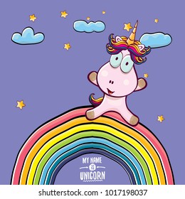vector funny cartoon cute pink fairy unicorn sitting on rainbow in sky with clouds. My name is unicorn vector concept illustration. funky hand drawn kids background