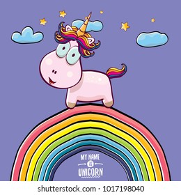vector funny cartoon cute pink fairy unicorn sitting on rainbow in sky with clouds. My name is unicorn vector concept illustration. funky hand drawn kids background