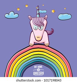 vector funny cartoon cute pink fairy unicorn sitting on rainbow in sky with clouds. My name is unicorn vector concept illustration. funky hand drawn kids background