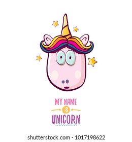 vector funny cartoon cute pink fairy unicorn head with horn isolated on white background. My name is unicorn vector concept illustration. funky hand drawn kids animal character