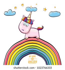 vector funny cartoon cute pink fairy unicorn sitting on rainbow in sky with clouds. My name is unicorn vector concept illustration. funky hand drawn kids background