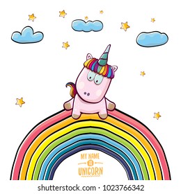 vector funny cartoon cute pink fairy unicorn sitting on rainbow in sky with clouds. My name is unicorn vector concept illustration. funky hand drawn kids background