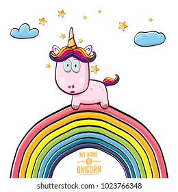 vector funny cartoon cute pink fairy unicorn sitting on rainbow in sky with clouds. My name is unicorn vector concept illustration. funky hand drawn kids background