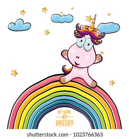 vector funny cartoon cute pink fairy unicorn sitting on rainbow in sky with clouds. My name is unicorn vector concept illustration. funky hand drawn kids background