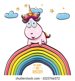 vector funny cartoon cute pink fairy unicorn sitting on rainbow in sky with clouds. My name is unicorn vector concept illustration. funky hand drawn kids background