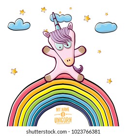 vector funny cartoon cute pink fairy unicorn sitting on rainbow in sky with clouds. My name is unicorn vector concept illustration. funky hand drawn kids background