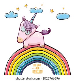 vector funny cartoon cute pink fairy unicorn sitting on rainbow in sky with clouds. My name is unicorn vector concept illustration. funky hand drawn kids background