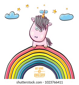 vector funny cartoon cute pink fairy unicorn sitting on rainbow in sky with clouds. My name is unicorn vector concept illustration. funky hand drawn kids background