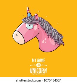 vector funny cartoon cute pink fairy unicorn head with horn isolated on orange background. My name is unicorn vector concept illustration. funky hand drawn kids animal character