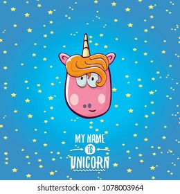 vector funny cartoon cute pink fairy unicorn head with horn isolated on blue sky background with stars. My name is unicorn vector concept illustration. funky hand drawn kids animal character
