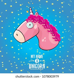 vector funny cartoon cute pink fairy unicorn head with horn isolated on blue sky background with stars. My name is unicorn vector concept illustration. funky hand drawn kids animal character