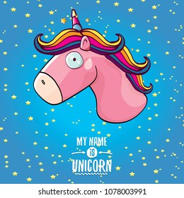 vector funny cartoon cute pink fairy unicorn head with horn isolated on blue sky background with stars. My name is unicorn vector concept illustration. funky hand drawn kids animal character