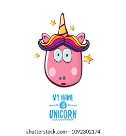 vector funny cartoon cute pink fairy unicorn head with horn isolated on white background. My name is unicorn vector concept illustration. funky hand drawn kids animal character