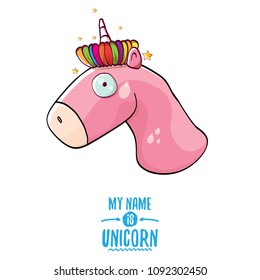 vector funny cartoon cute pink fairy unicorn head with horn isolated on white background. My name is unicorn vector concept illustration. funky hand drawn kids animal character